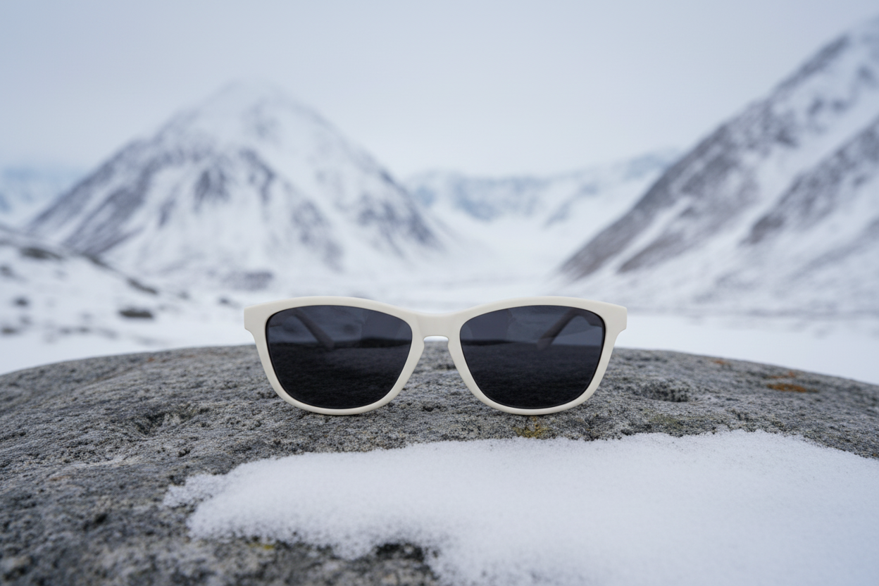 Gafas Arctic sobre roca en montañas nevadas